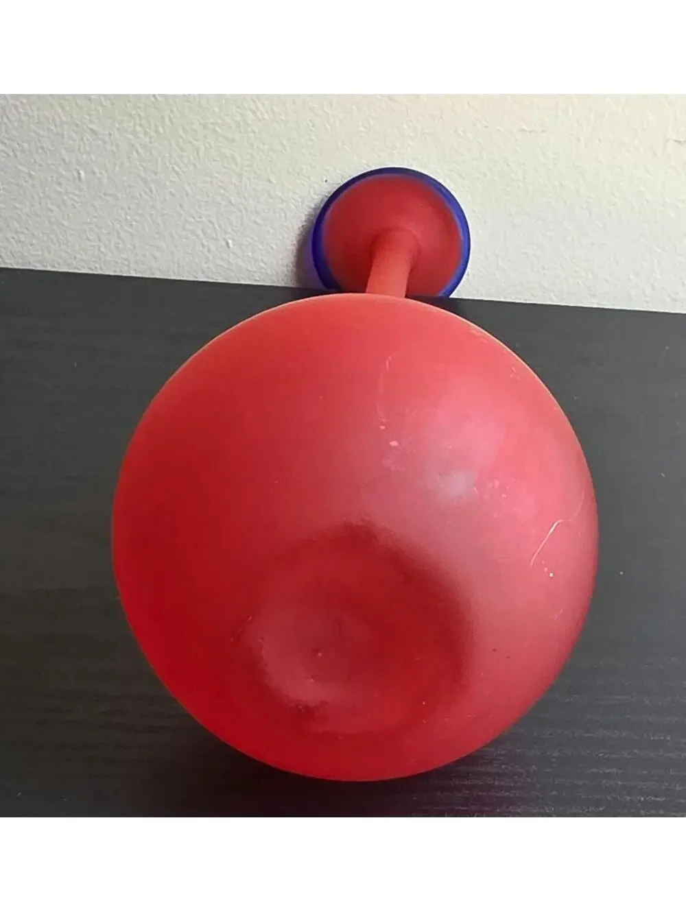 Vintage Murano Style Satin Red Art Glass Bud Vase Blue Rim Carlo Moretti Style